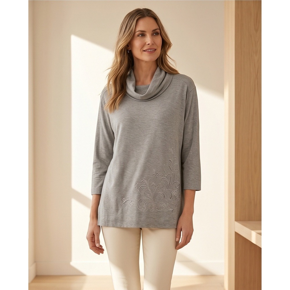 Chico's‎ Zenergy 2 Gray Cowl Neck Embroidered Tunic Top Large Cozy Athleisure